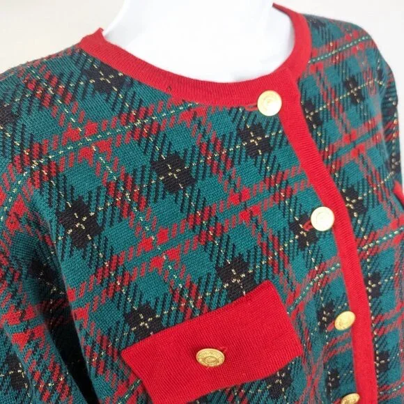 Vtg Classiques Entier Merino Wool Blend Cardigan Green Red Black Gold Button Lrg - Picture 12 of 12